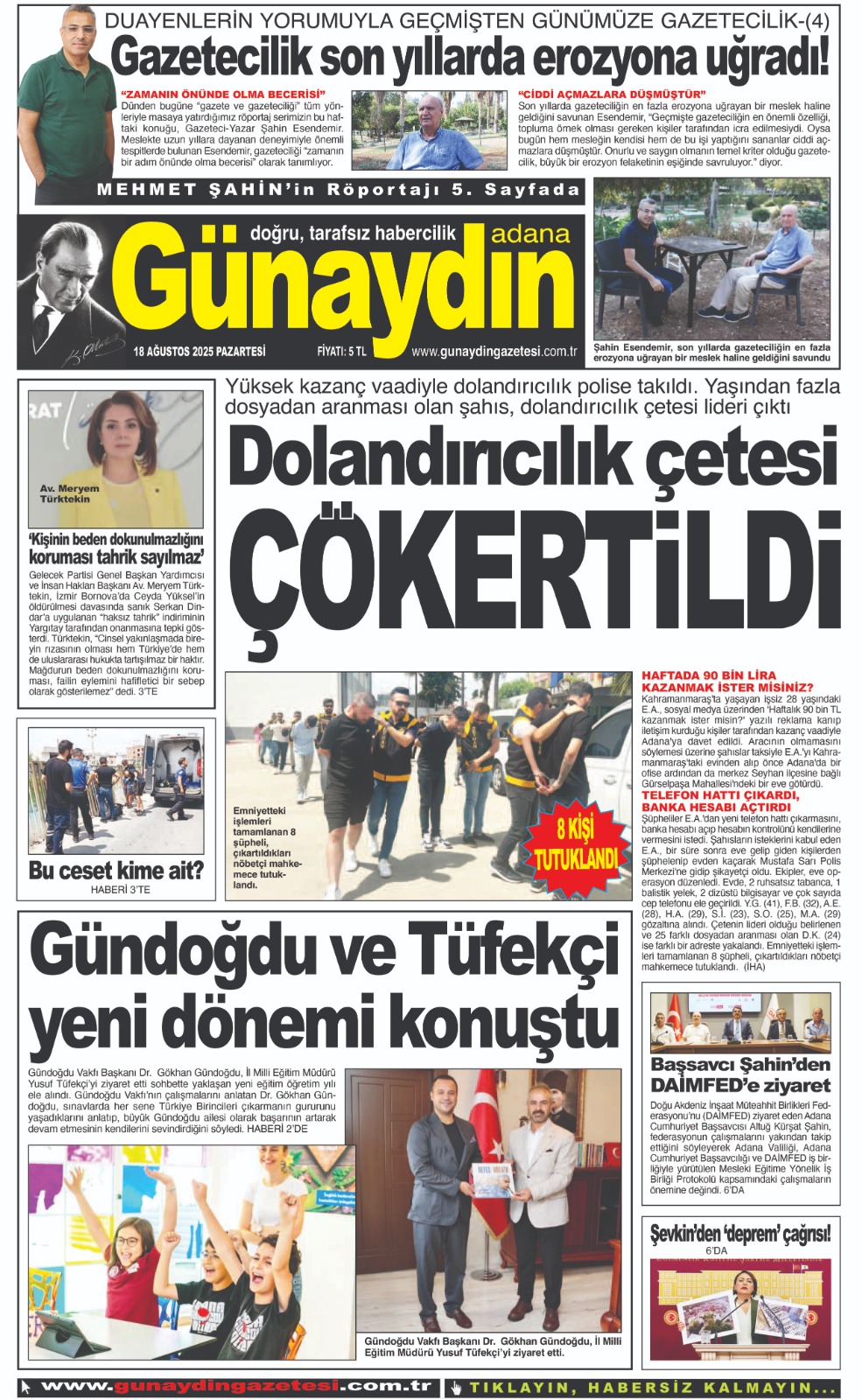 18 AĞUSTOS 2025 GÜNAYDIN ADANA GAZETESİ