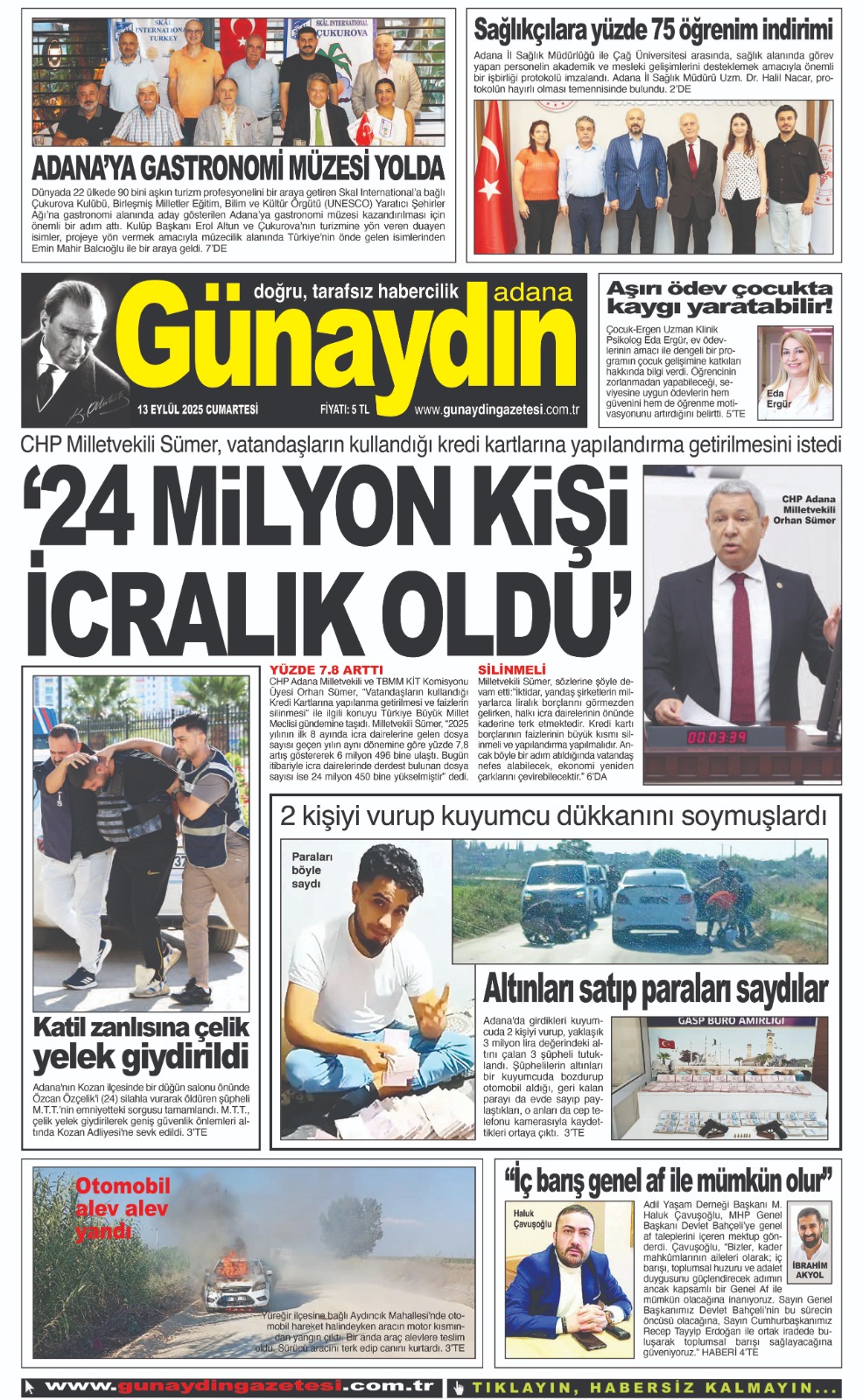 13 EYLÜL 2025 GÜNAYDIN ADANA GAZETESİ