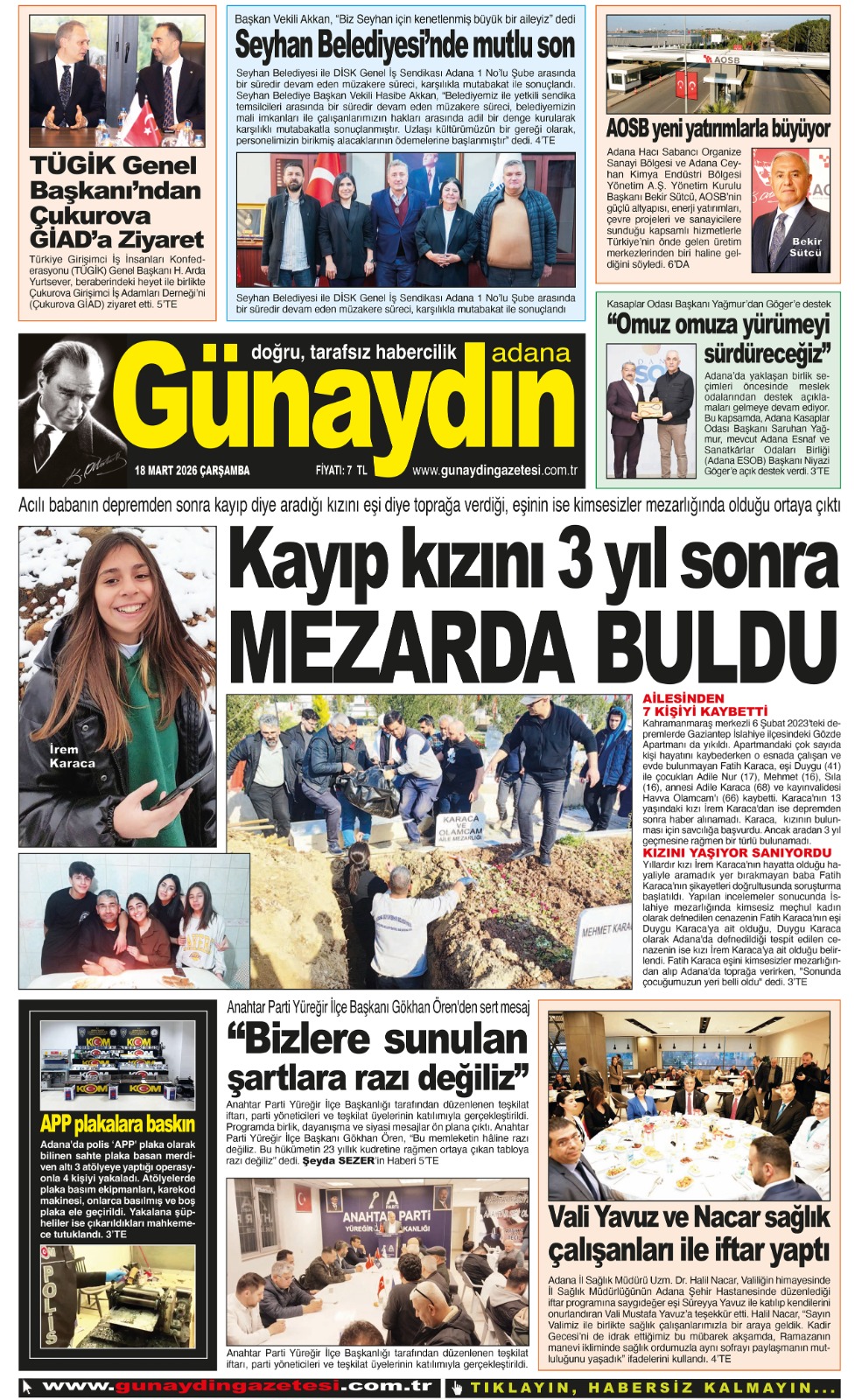 18 MART 2026 GÜNAYDIN ADANA GAZETESİ