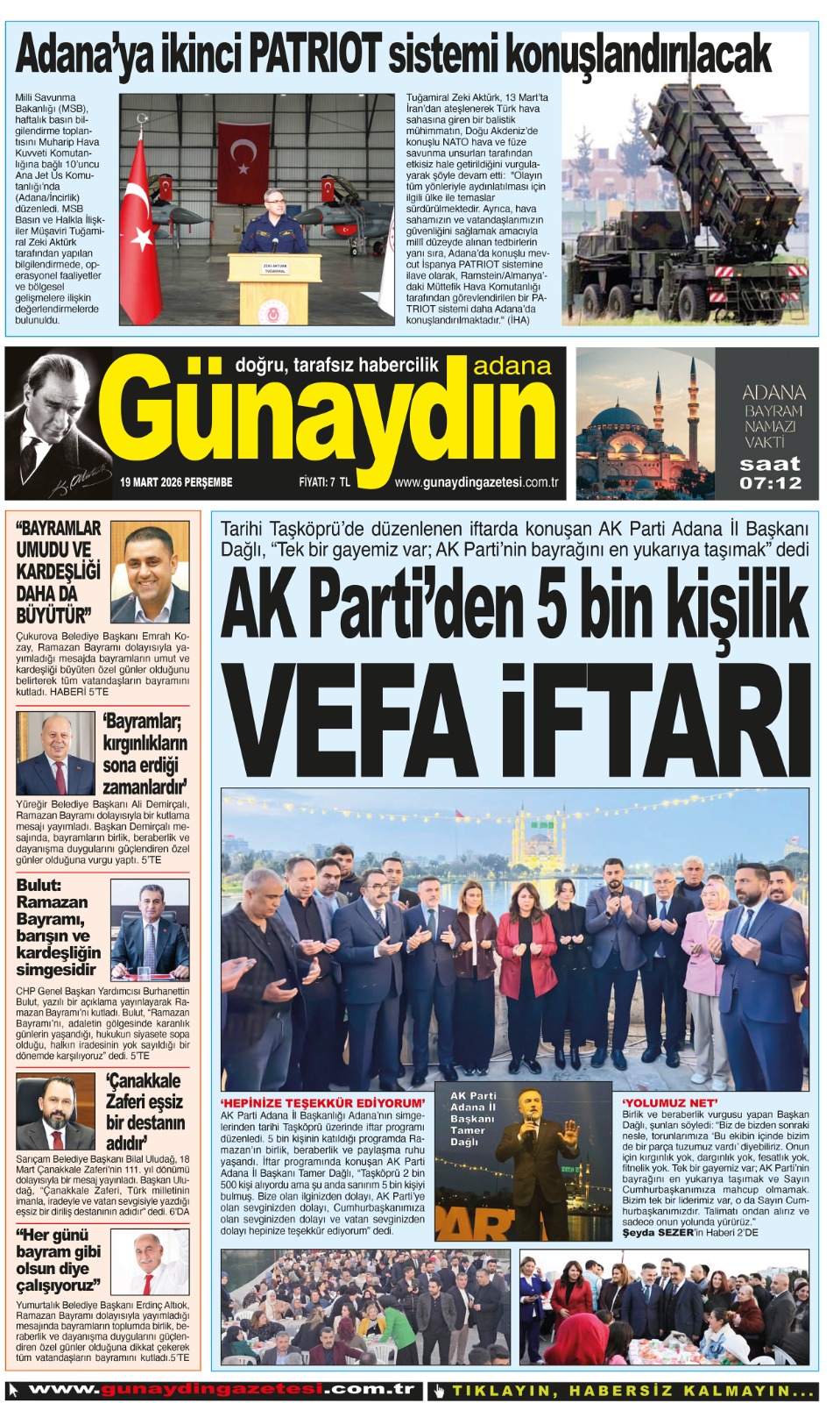 19 MART 2026 GÜNAYDIN ADANA GAZETESİ
