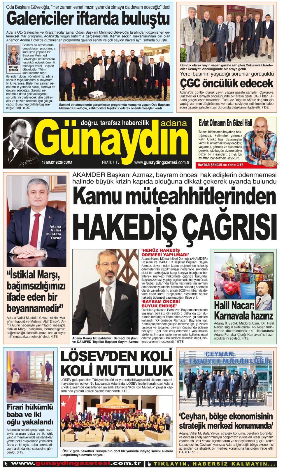 13 MART 2026 GÜNAYDIN ADANA GAZETESİ