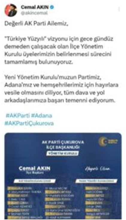 AK Parti Çukurova İlçe Yönetimi Belli Oldu