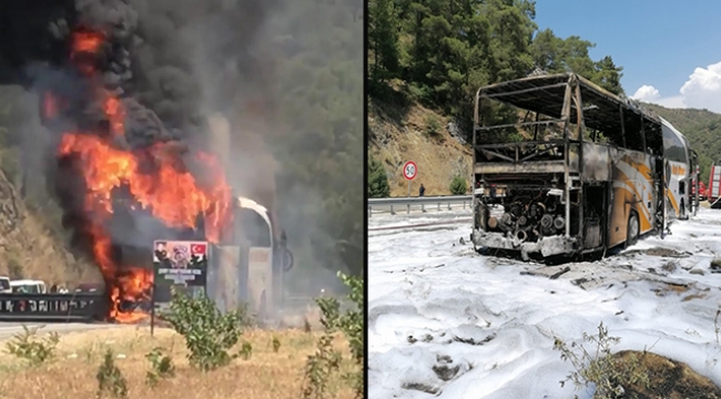 Yolcu otobüsü alev alev yandı