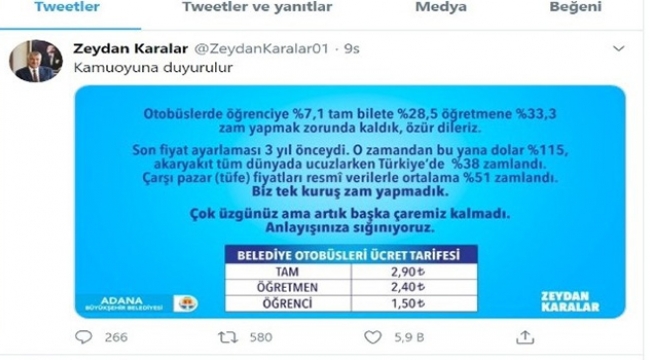 Adana'da ulaşıma zam