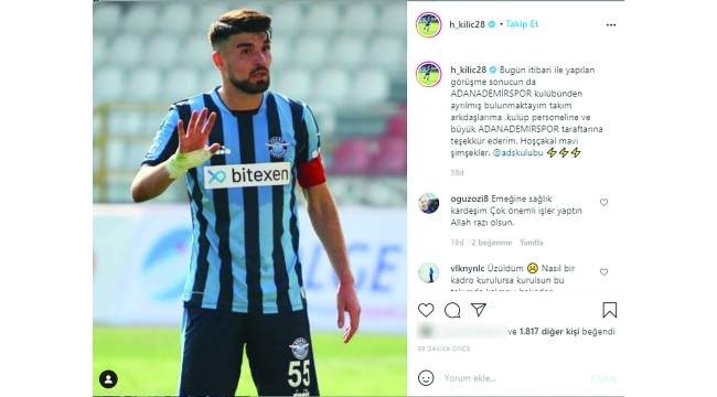 Adana Demirspor’un golcüsü Hasan Kılıç takımdan ayrıldı