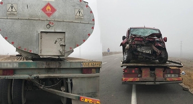 Hafif ticari araç yakıt tankerine çarptı