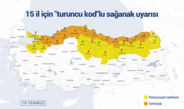 15 İl İçin "Turuncu", 15 İl İçin De "Sarı" Kodlu Sağanak Uyarısı