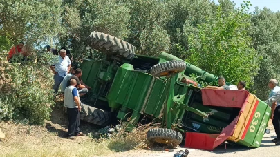 Biçerdöver Devrildi,Sürücü Yaralandı