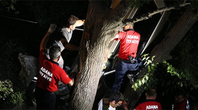 Şarampole devrildi ağaçta asılı kaldı
