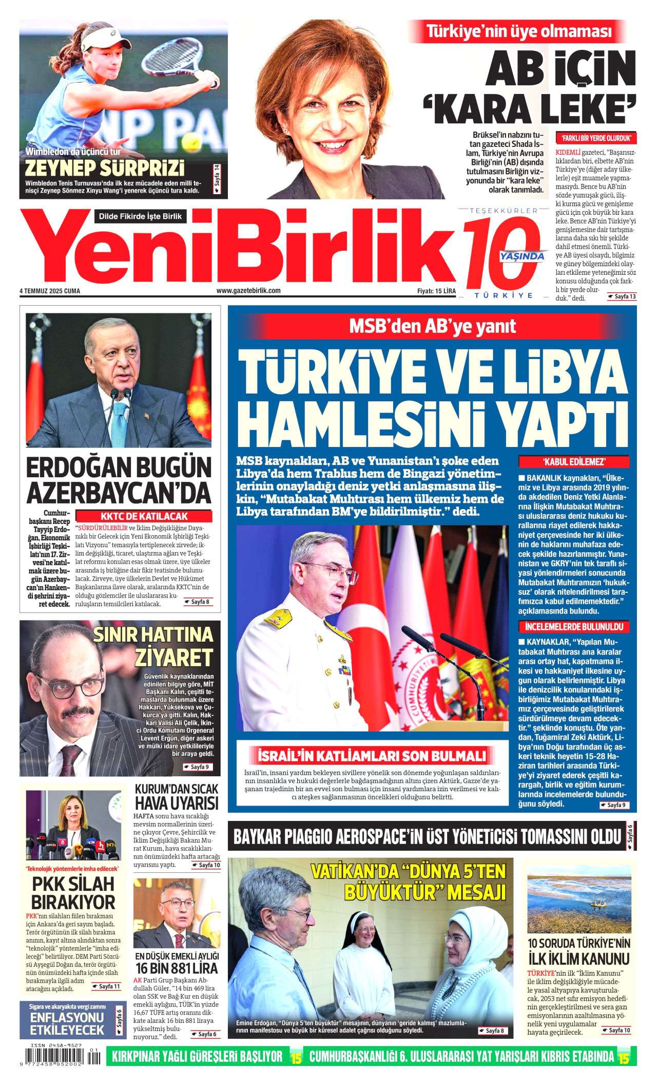 YENİBİRLİK Gazete Manşeti